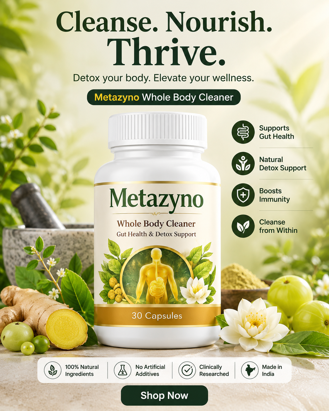 Whole Body Cleaner supplement bottle with natural ingredients on a light background
