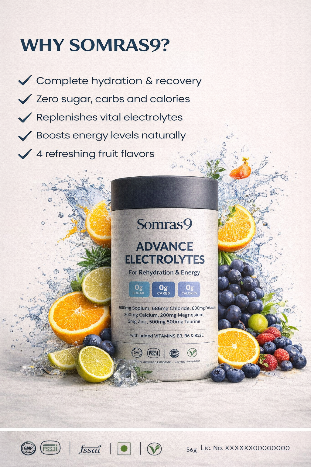 Somras9 Advanced Electrolytes – Zero Sugar Hydration Mix | Energy & Rehydration | 20 Sachets